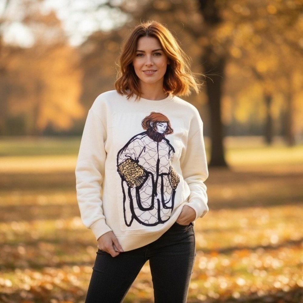 Zara Beige Crewneck Sweatshirt Pullover Women's Size S Abstract Women Graphic